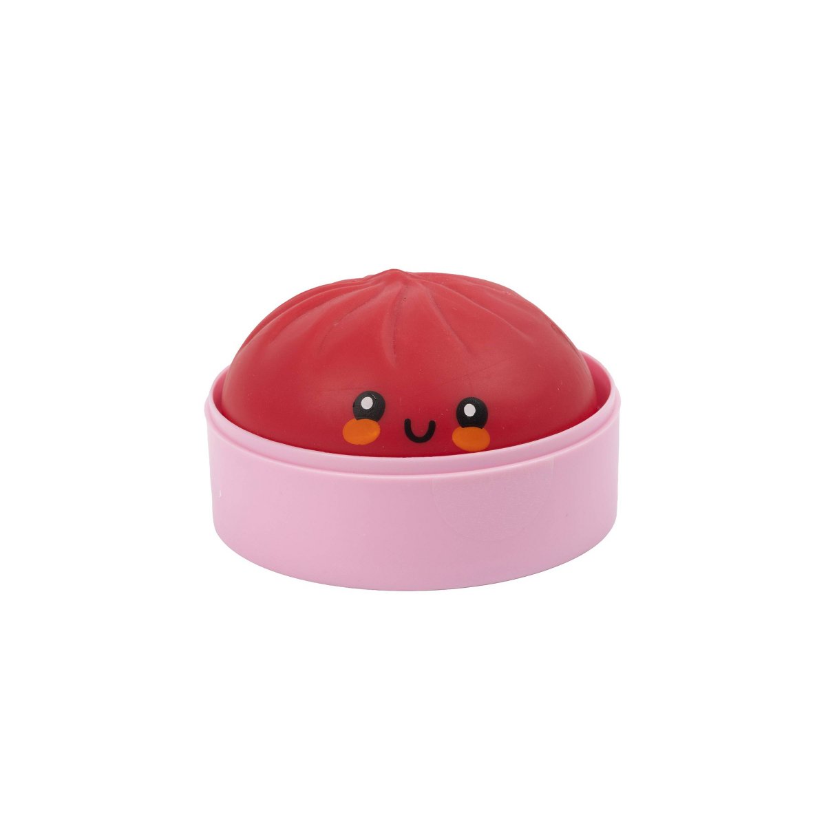 Variante común del Mystery Bao Bun: dumpling rojo translúcido con cara kawaii y mejillas naranjas, asentado en la base vaporera rosa.