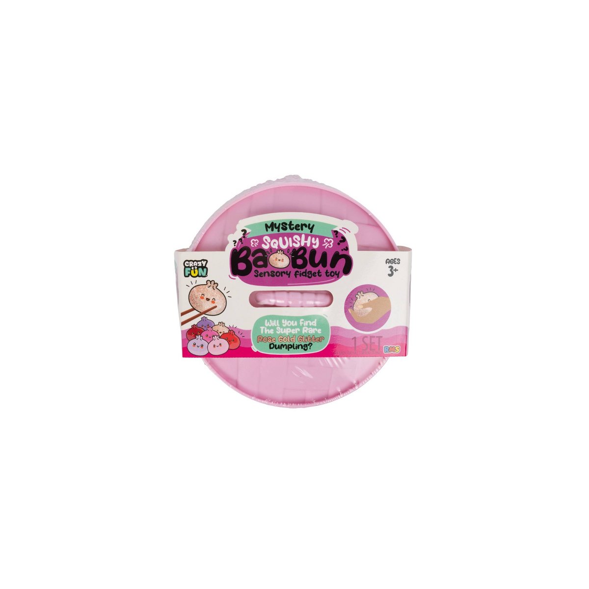 Packaging retail del RMS Mystery Squishy Bao Bun (Crazy Fun): caja precintada de cartón rosa con etiqueta 'Will You Find The Super Rare Rose Gold Glitter Dumpling?', edad 3+, 1 set.