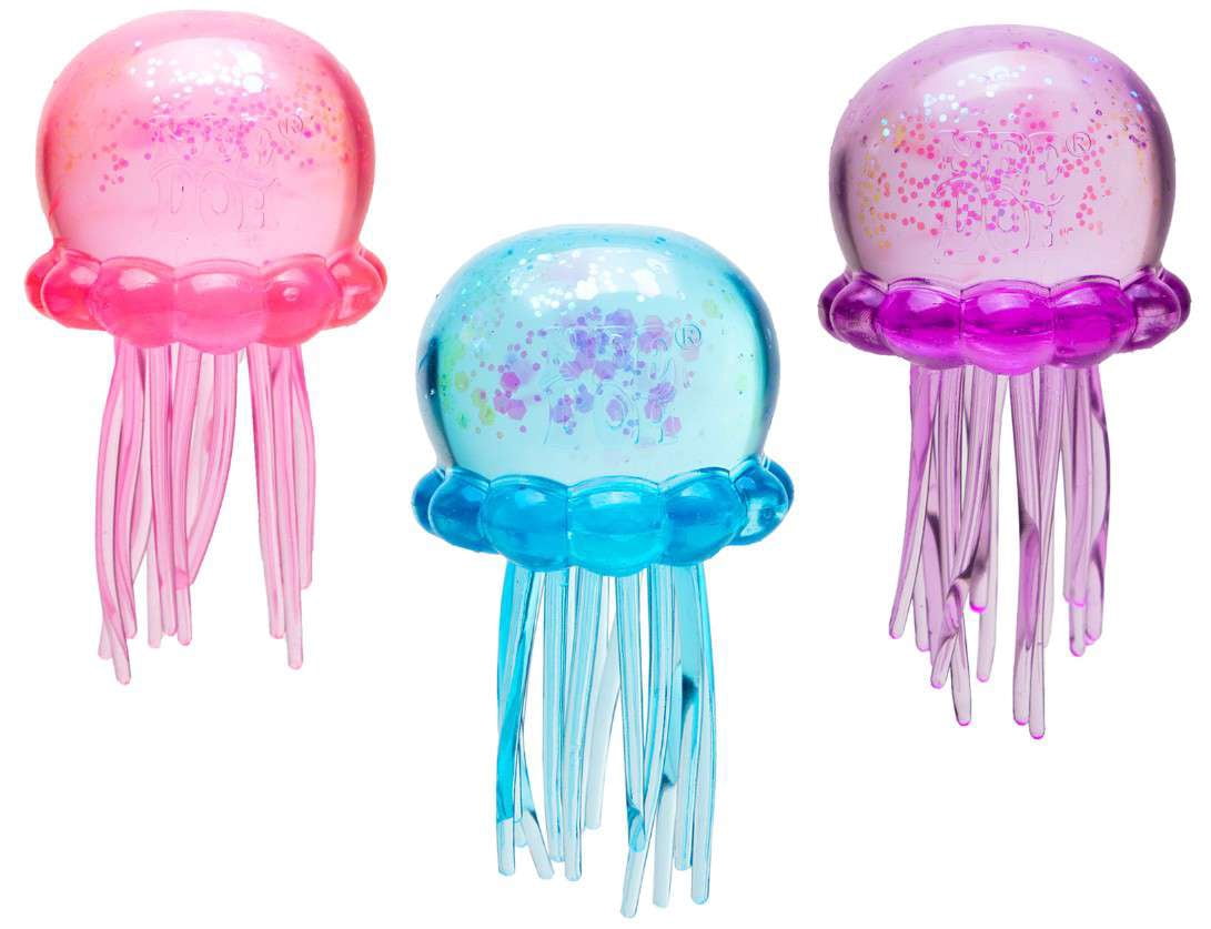 Tres NeeDoh Jellyfish (rosa, azul, morado) sobre fondo blanco mostrando los núcleos translúcidos de gel y los tentáculos.