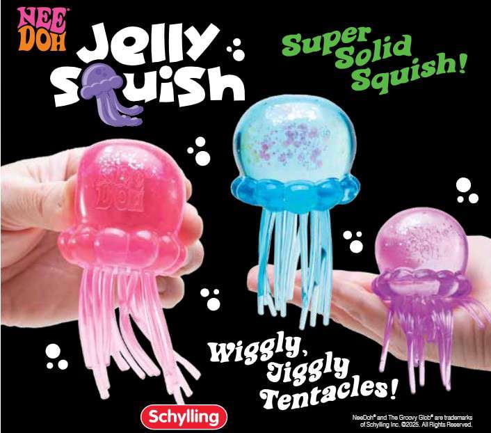 NeeDoh Jelly Squish — tres jellyfish translúcidos en rosa, azul y morado, con núcleos de gel visibles. Lanzamiento oficial Schylling 2026.